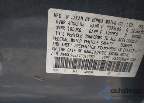 2007 Acura Tsx из США, поврежденный, VIN JH4CL96937C014383